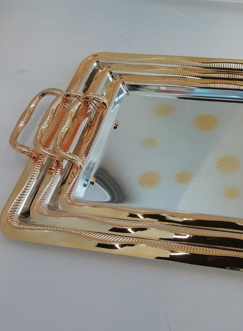 تراست طقم صواني تقديم مستطيلة من الستانلس ستيل مكون من 3 قطع – فضي/ذهبي - Image 3