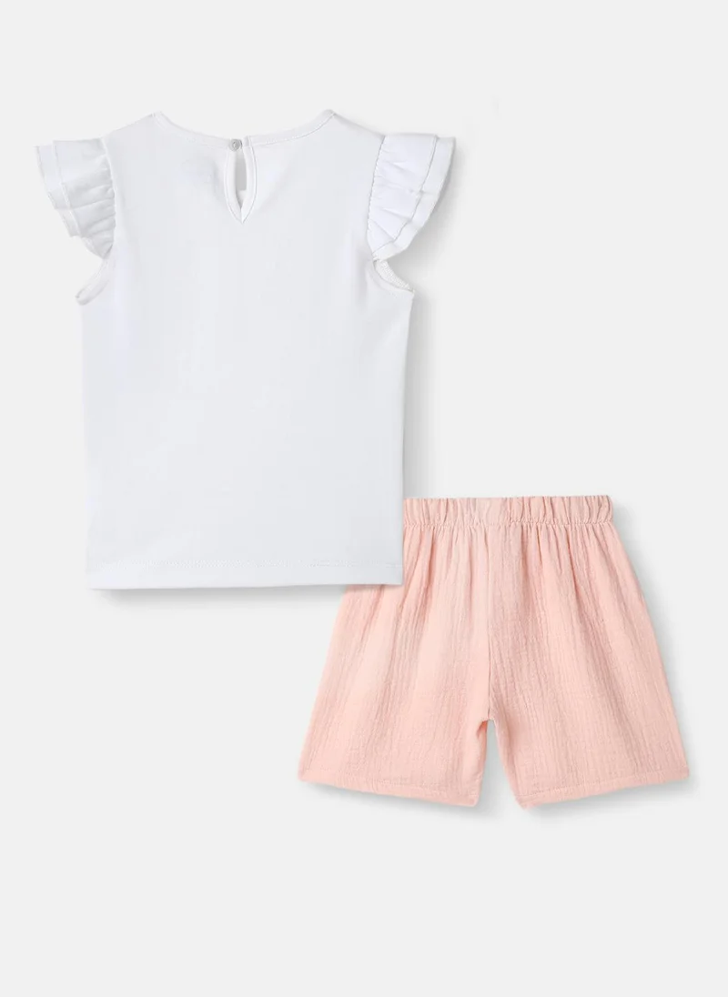نوتيناتي Girls’ Cotton Top and Shorts Set |Graphic Print Top | Elasticated Shorts | 0-2 Years