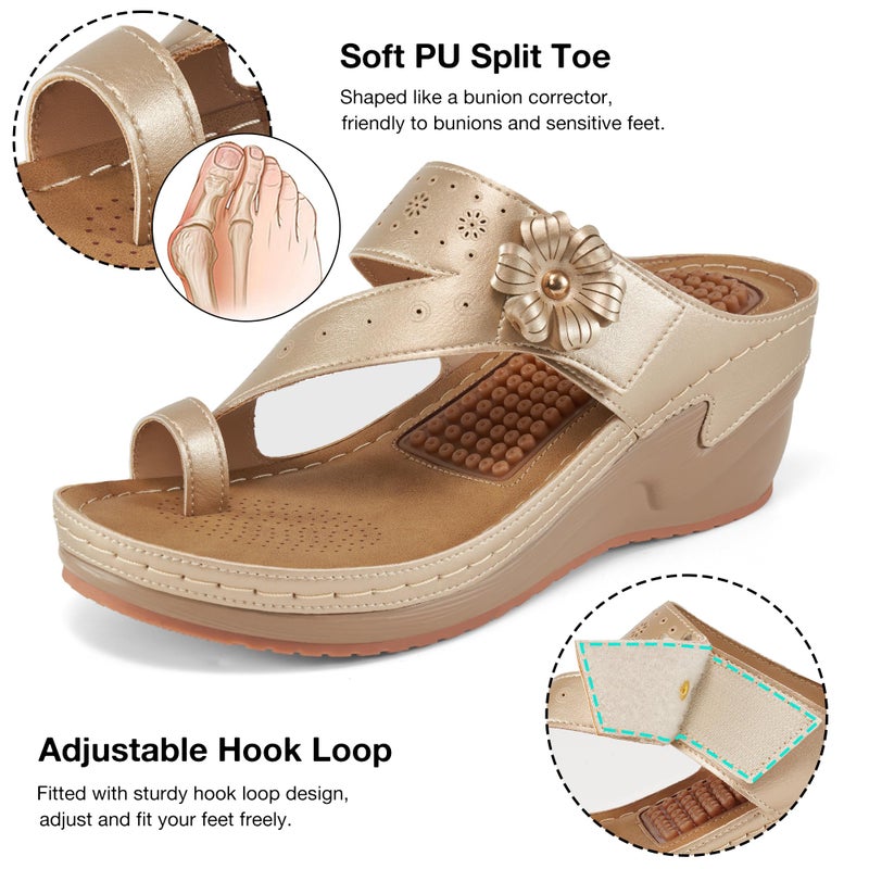 FUDYNMALC Womens Sandals Wedge 2026: All-Day Comfort Platform Flip Flops with Adjustable Dressy Summer Walking Shoes for Wedding Travel Casual, Gold, Size 8 - Image 4