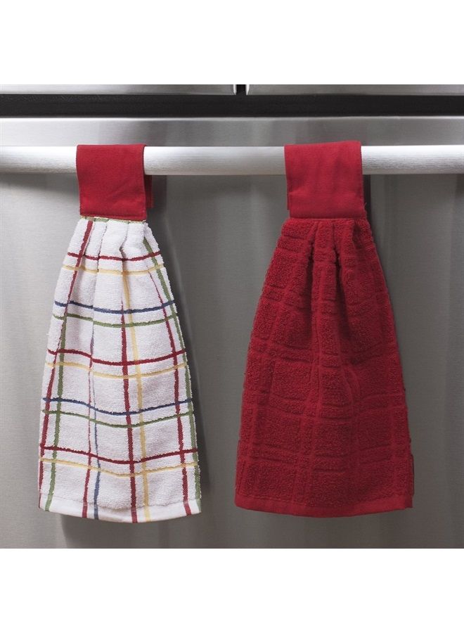Ritz Hanging Tie Towels, 2 Pack - Solid & Checked, Paprika, 2 Count