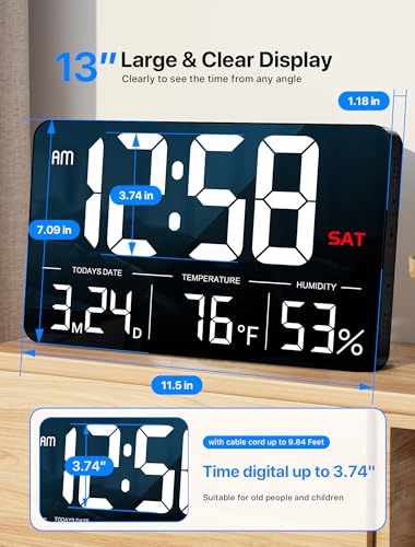 MASHI Digital Clock,13" Large Display Digital Wall Clock, Adjustable Brightness Calendar Clock with Day and Date,DST,Alarms,Humidity, Temperature for Desk, Wall Mounted, for Elderly - Image 2