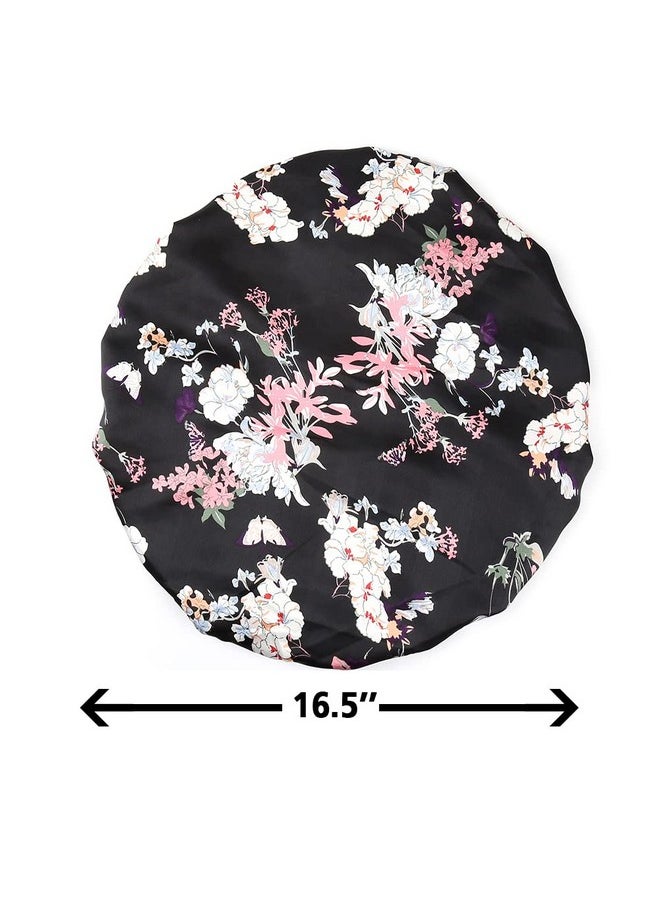 greatremy Satin Braid Bonnet Double Layer Sleep Cap Scruchie, Silky Night Hat Large Bonnet For Women Curly, Long Natural Hair Dreadlocks, Braids, Locs Sleeping (Black Flowers)  - Image 3