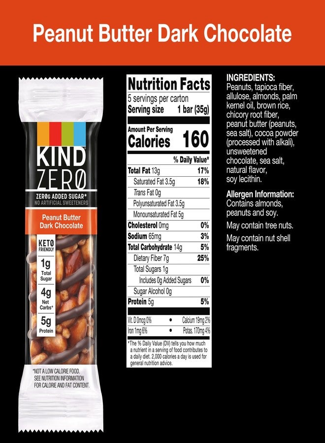 KIND ZERO Added Sugar Bars, Keto Snack, Peanut Butter Dark Chocolate, Good Source of Fiber, Gluten Free, Low Sugar, 5g Protein, 30 Count - Image 2