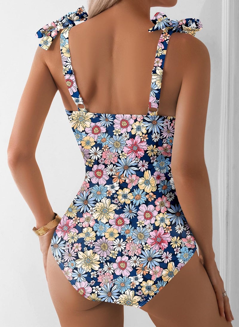 Aleumdr Tummy Control One Piece Swimsuit for Women 2026 Swimming Suit Print Floral Athletic Bathing Suits V Neck Adjustable Straps Swimwear Sky Blue Large - Image 3