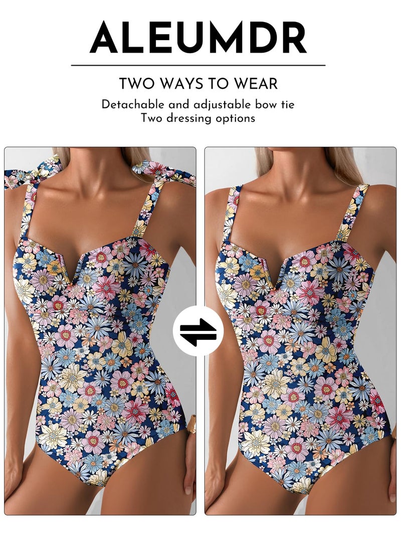 Aleumdr Tummy Control One Piece Swimsuit for Women 2026 Swimming Suit Print Floral Athletic Bathing Suits V Neck Adjustable Straps Swimwear Sky Blue Large - Image 4