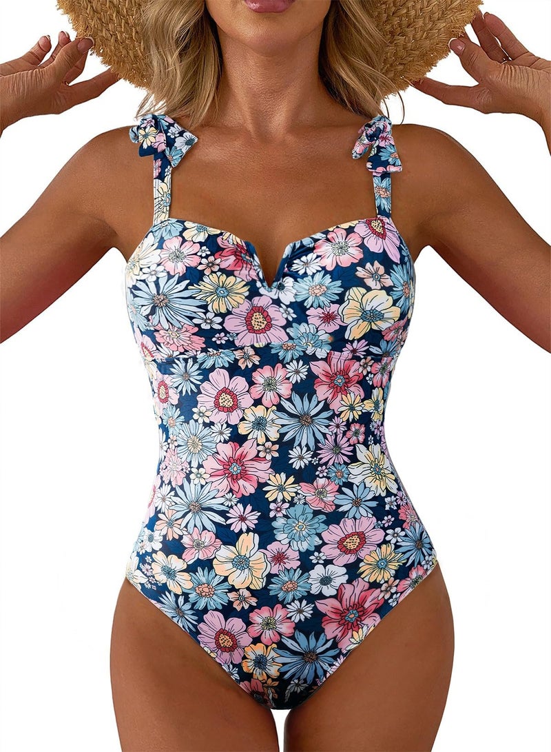 Aleumdr Tummy Control One Piece Swimsuit for Women 2026 Swimming Suit Print Floral Athletic Bathing Suits V Neck Adjustable Straps Swimwear Sky Blue Large - Image 1