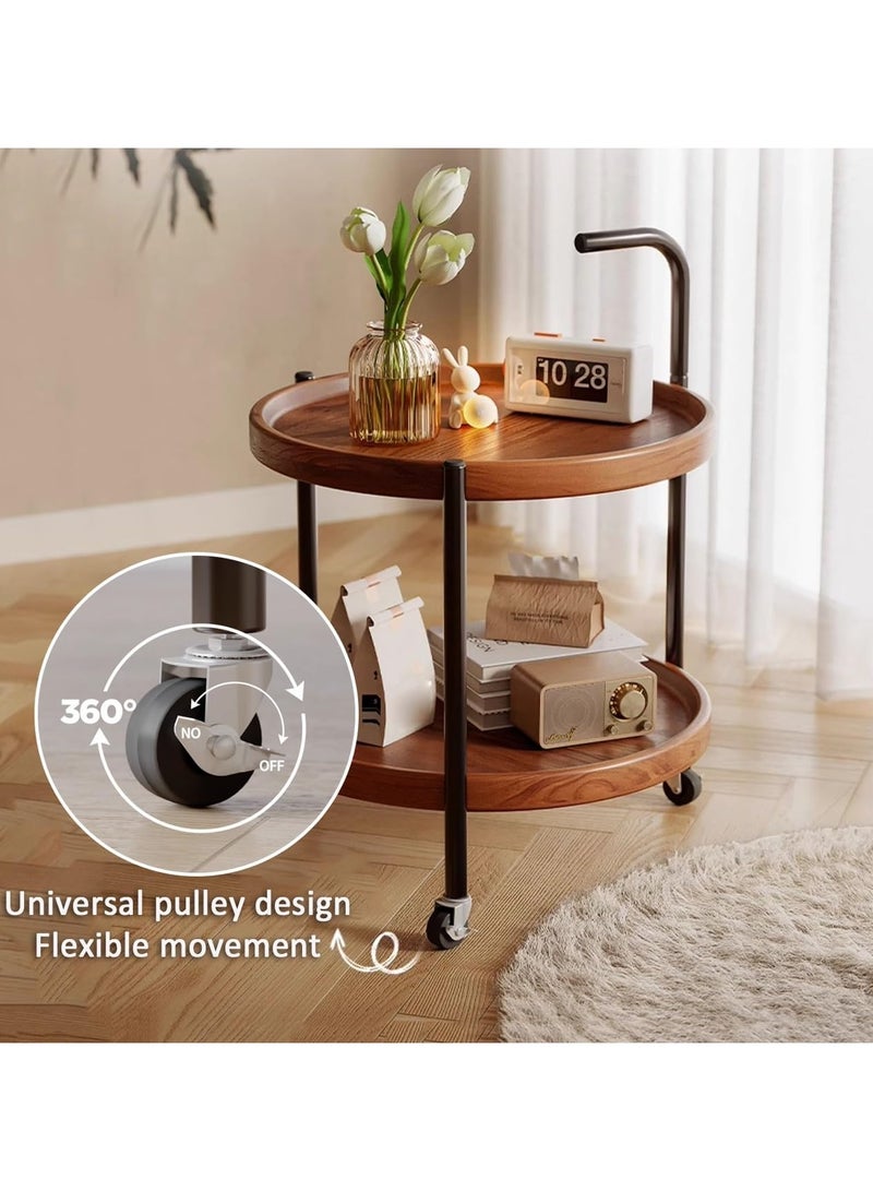 DubaiGallery 2-Tier Small Round Side Table, Mid Century Modern Walnut Finish Movable Round Coffee Table with MDF Top - Small Rolling Cart for Living Room, Bedside or Sofa Side Table - Image 4
