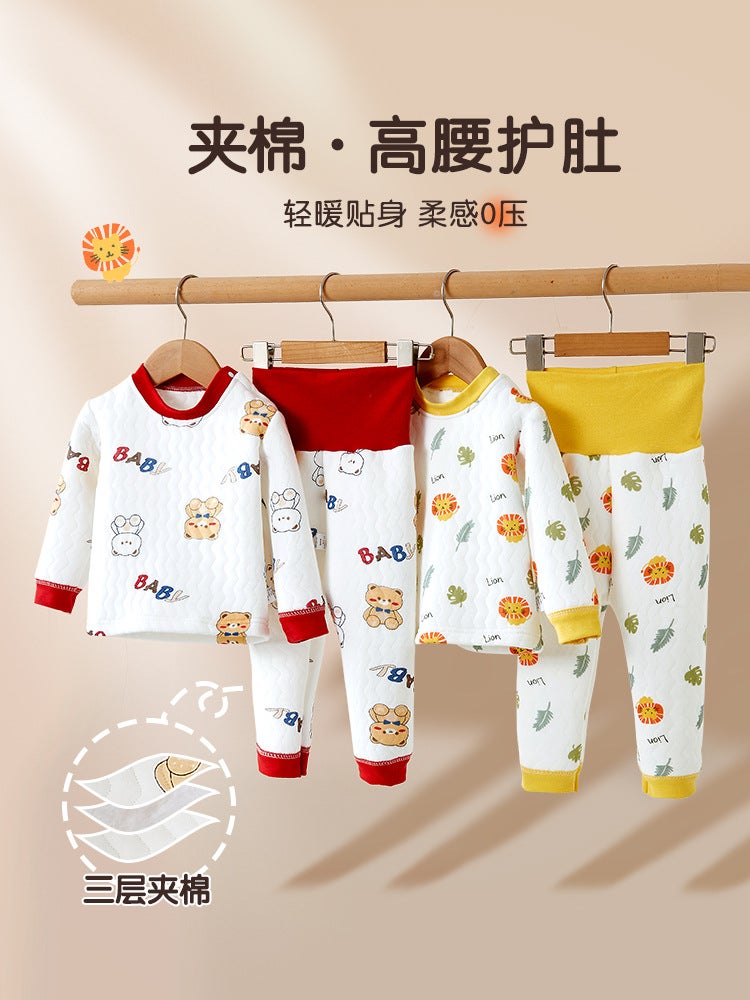Baby Quilted Split Set For Boys And Girls, High-Waisted Thermal Underwear Set, Infant Base Layer Autumn Clothes And Pants, Home Wear - Image 2