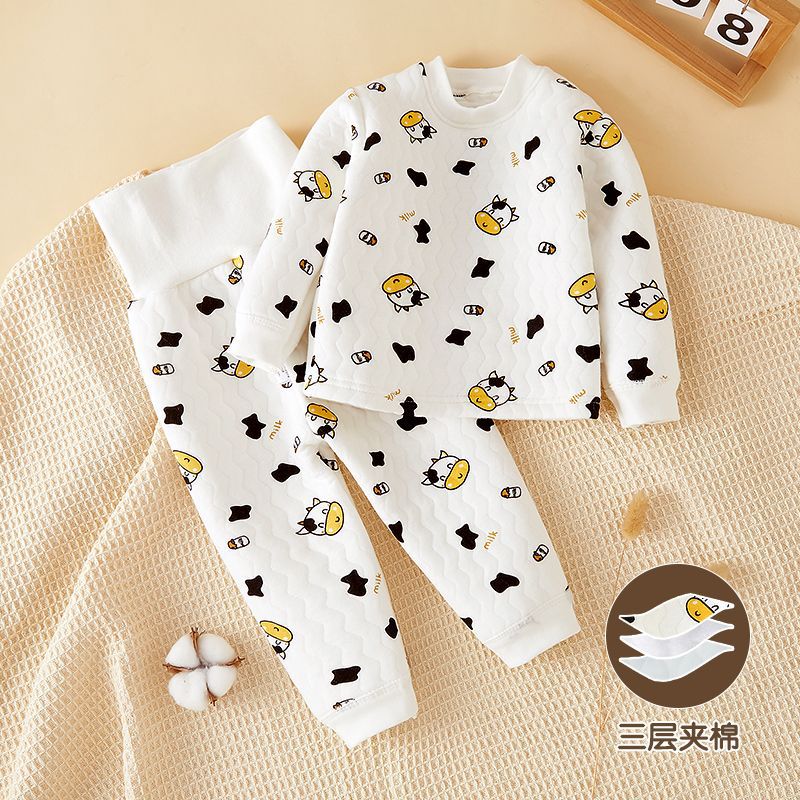 Baby Quilted Split Set For Boys And Girls, High-Waisted Thermal Underwear Set, Infant Base Layer Autumn Clothes And Pants, Home Wear - Image 1