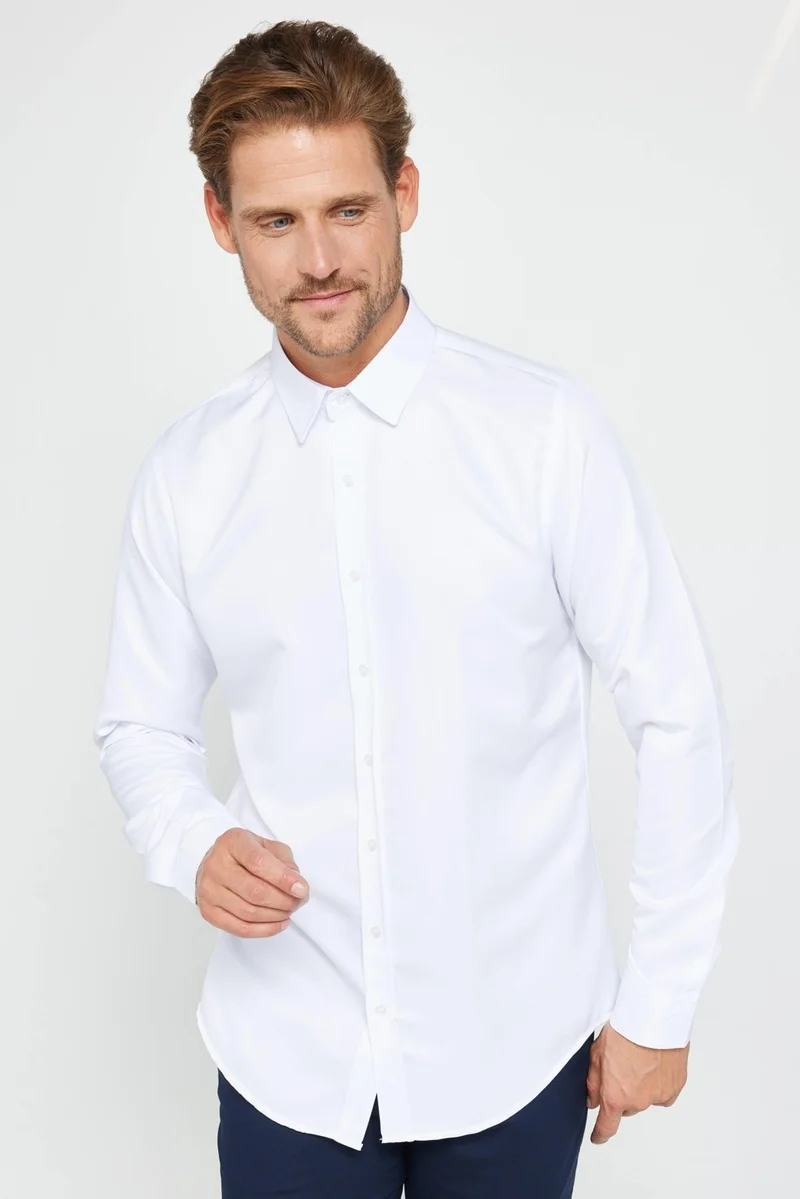 تودورس Slim Fit Long Sleeve Easy Iron Sweat Absorbing Breathable Texture Tie Holder Four Seasons White Men's Shirt