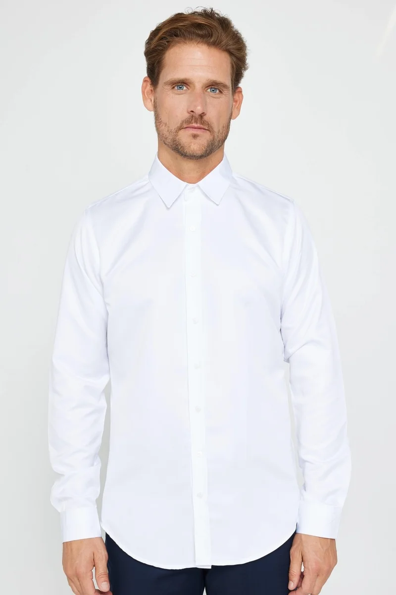 تودورس Slim Fit Long Sleeve Easy Iron Sweat Absorbing Breathable Texture Tie Holder Four Seasons White Men's Shirt