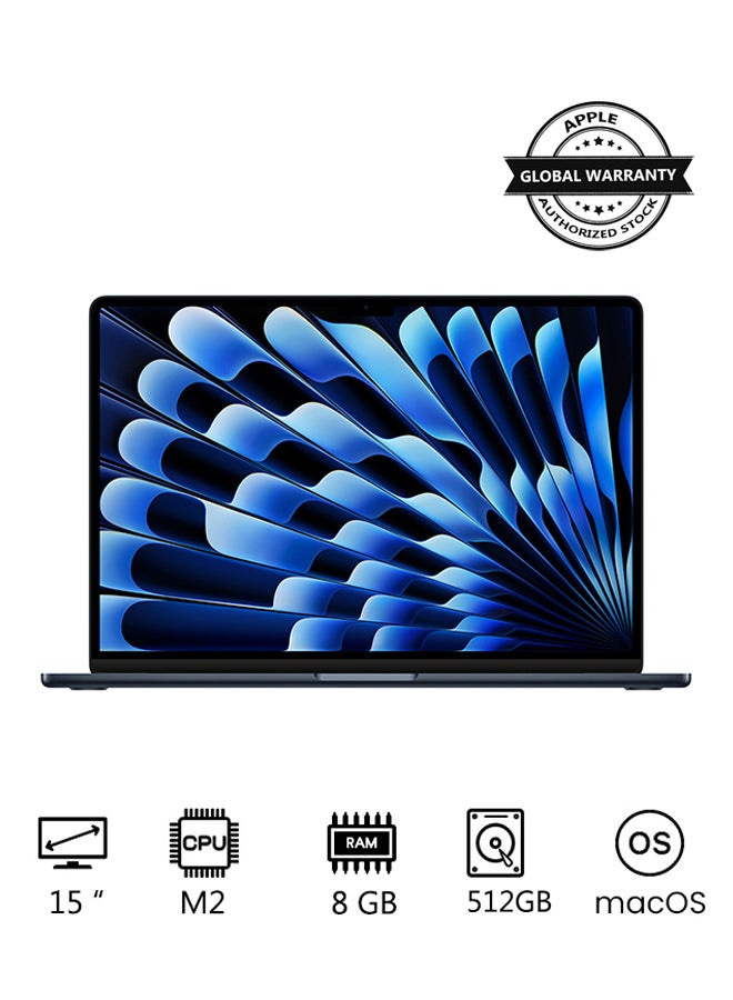 ابل  شاشة MacBook Air MQKX3 مقاس 15 بوصة، وشريحة Apple M2 مع وحدة المعالجة المركزية 8 النواة ووحدة معالجة الرسومات 10 النواة، ومحرك أقراص SSD سعة 512 جيجابايت، ولوحة مفاتيح باللغة الإنجليزية والعربية - Image 1