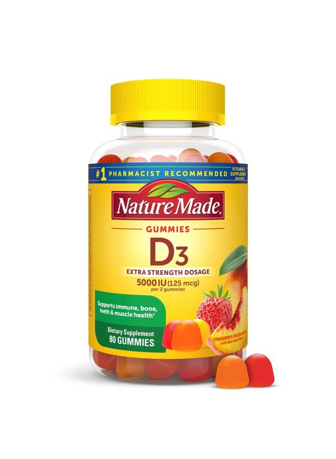 Extra Strength Vitamin D3 5000 IU (125 mcg) per serving, Dietary Supplement for Bone, Teeth, Muscle and Immune Health Support, 80 Gummies, 40 Day Supply