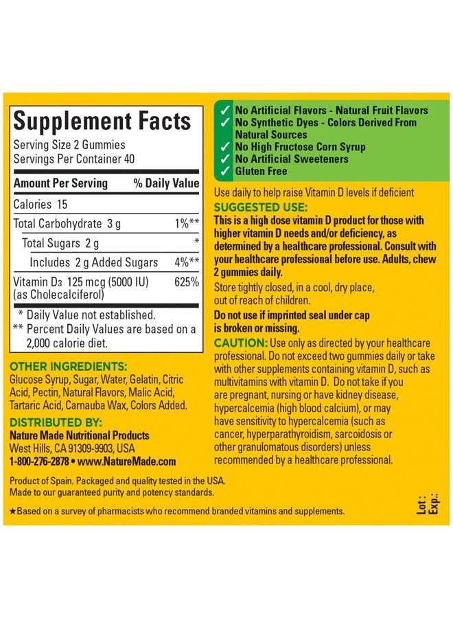 Extra Strength Vitamin D3 5000 IU (125 mcg) per serving, Dietary Supplement for Bone, Teeth, Muscle and Immune Health Support, 80 Gummies, 40 Day Supply