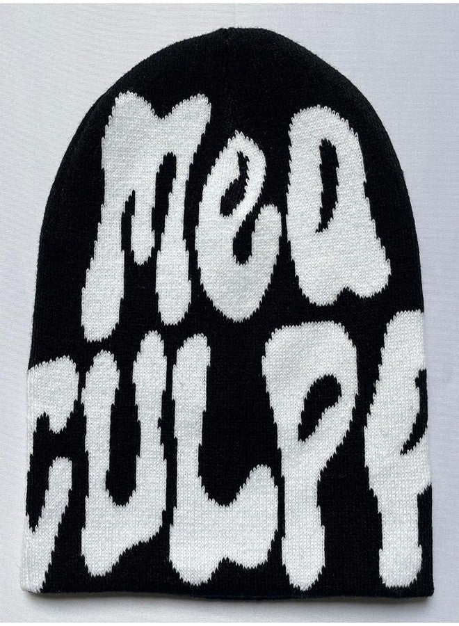 YUERFEILA Women Graphic Beanie Skull Hat MEA Culpa Y2K Knitted Beanie Warm Winter Hat for Gifts (Acrylic, MEA-Black & White) - Image 3