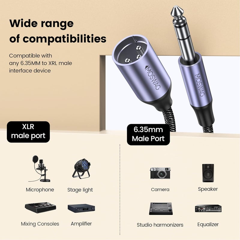 MOSWAG 6.35mm Male to XLR Male, XLR Male to 6.35mm Stereo Audio Cable, 1/4 Male to Microphone XLR 3 PIN Braid Cord Compatible to Amplifiers, Microphones, Mixers, Recoder, Home Theater and more (2M) - Image 2
