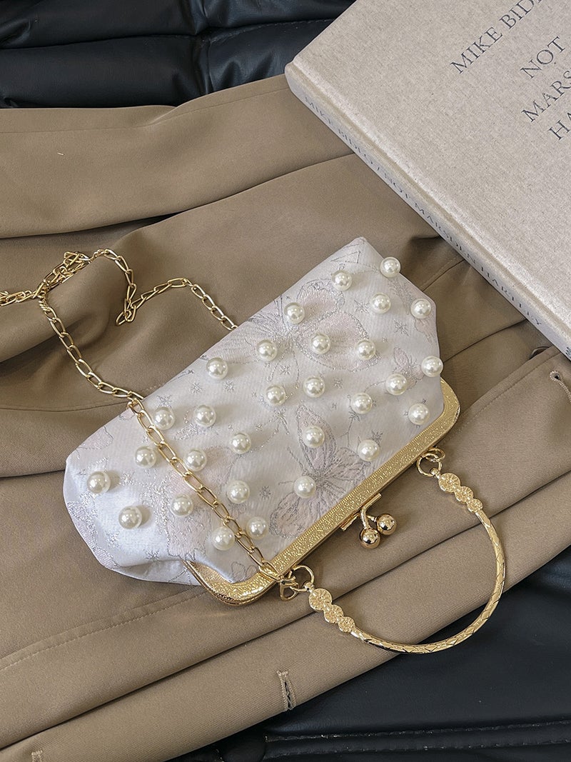 Fashion Shell Bag Embroidered Butterfly Clamp Bag Shoulder Crossbody Bag Bead Chain Women'S Bag - Image 3