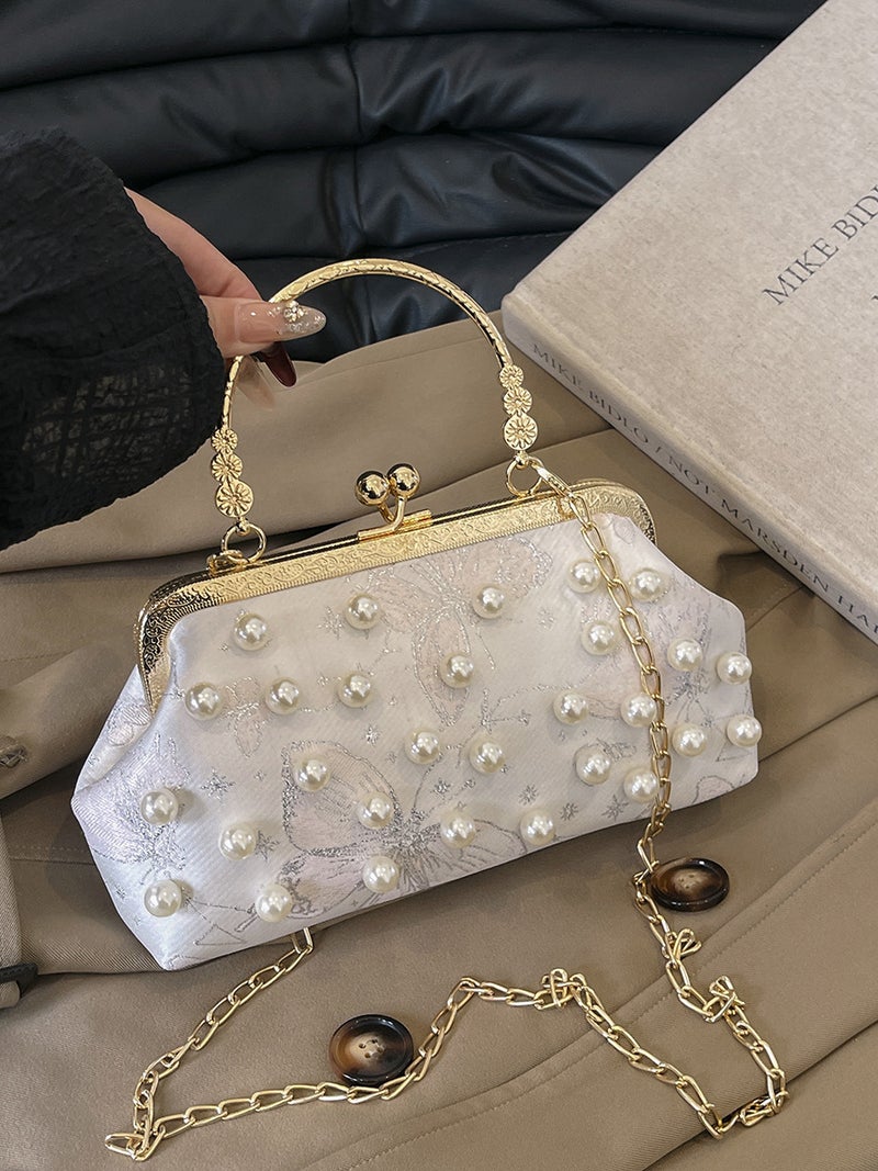 Fashion Shell Bag Embroidered Butterfly Clamp Bag Shoulder Crossbody Bag Bead Chain Women'S Bag - Image 2