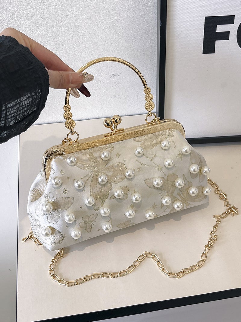 Fashion Shell Bag Embroidered Butterfly Clamp Bag Shoulder Crossbody Bag Bead Chain Women'S Bag - Image 4