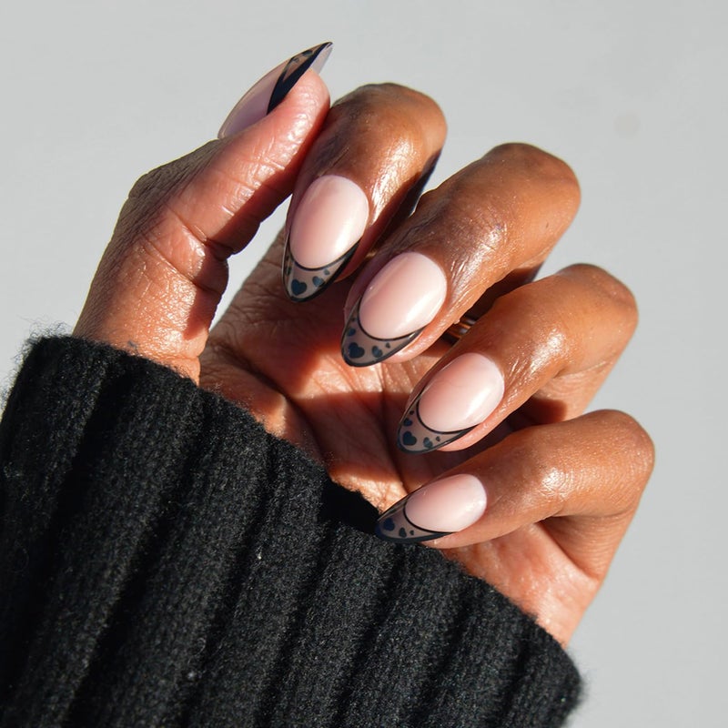 Glamnetic Press On Nails Love Noir Short Almond Fake Nails in SemiTransparent Black French Tips with Opaque Outline and Heart Details 15 Sizes 30 Nail Kit with Glue - Image 2