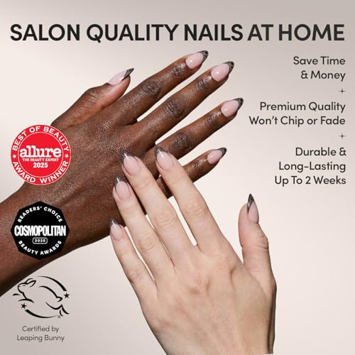 Glamnetic Press On Nails Love Noir Short Almond Fake Nails in SemiTransparent Black French Tips with Opaque Outline and Heart Details 15 Sizes 30 Nail Kit with Glue - Image 3