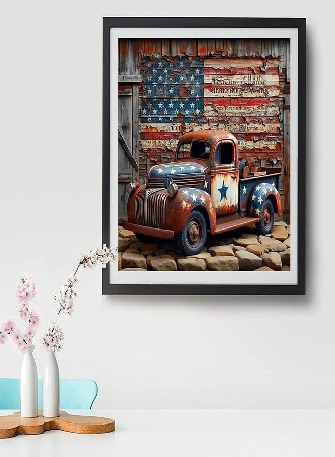 Tiwabb Truck Stamped Cross Stitch Kits for Adults - American Flag Embroidery Kits for Beginners Adults,11 CT Patterns Dimensions Counted Cross Stitch Kits for Arts Craft Kits 13.7X 13.7 inch - Image 3