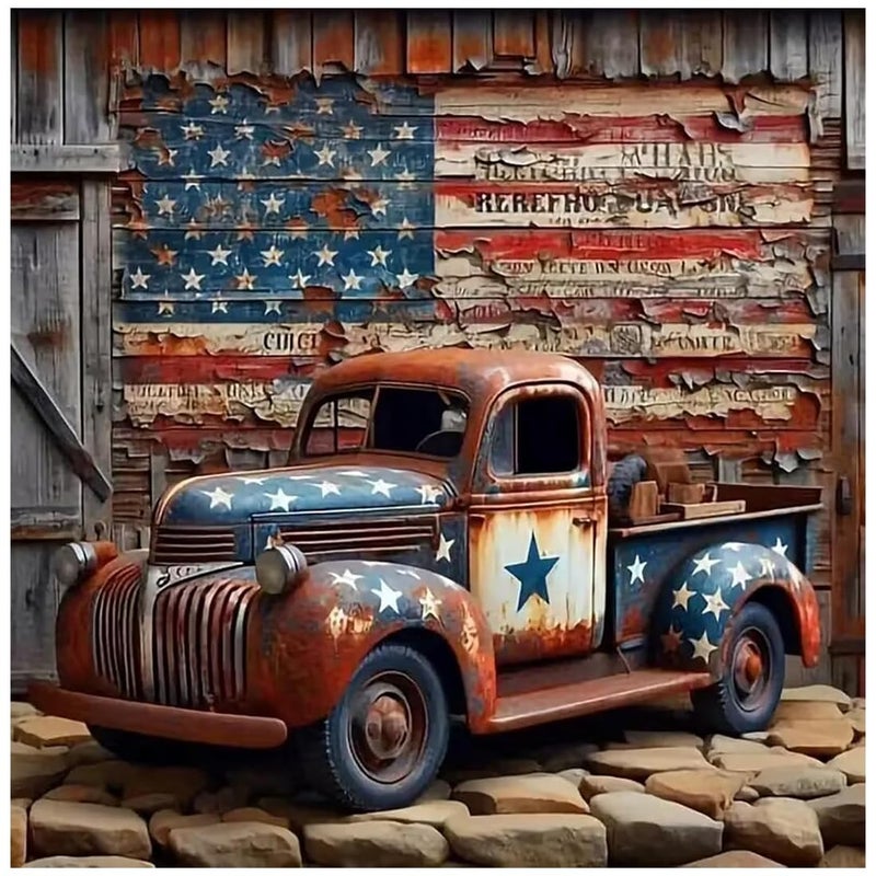 Tiwabb Truck Stamped Cross Stitch Kits for Adults - American Flag Embroidery Kits for Beginners Adults,11 CT Patterns Dimensions Counted Cross Stitch Kits for Arts Craft Kits 13.7X 13.7 inch - Image 1