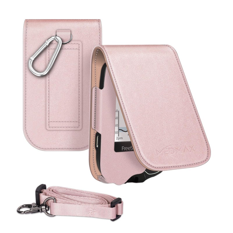 PU Protective Case with Detachable Hanging Lanyard for Freestyle Libre 3 2 Libre Reader Lightweight Shockproof Diabetic Storage Neck Sling Carrying Case with Carabiner Clip Rose Gold
