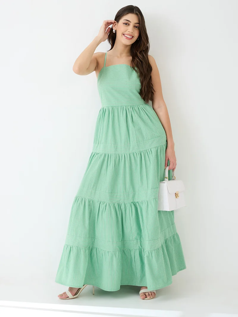 globus Women Green Square Neck Strappy Shoulder Striped Smocked Tiered Fit & Flare Maxi Dress
