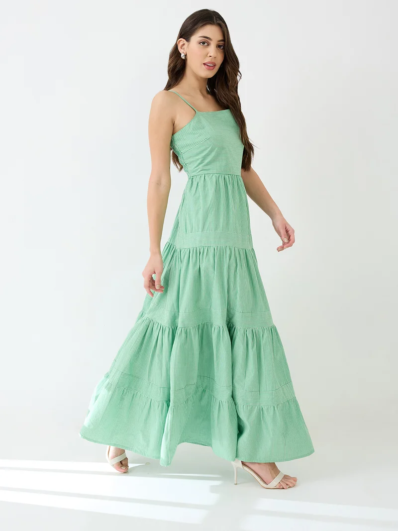 globus Women Green Square Neck Strappy Shoulder Striped Smocked Tiered Fit & Flare Maxi Dress