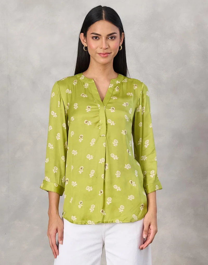 فاب انديا Green Rayon Blend Hand Block Printed Floral Tunic