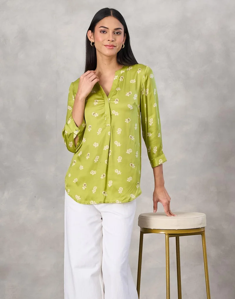 فاب انديا Green Rayon Blend Hand Block Printed Floral Tunic