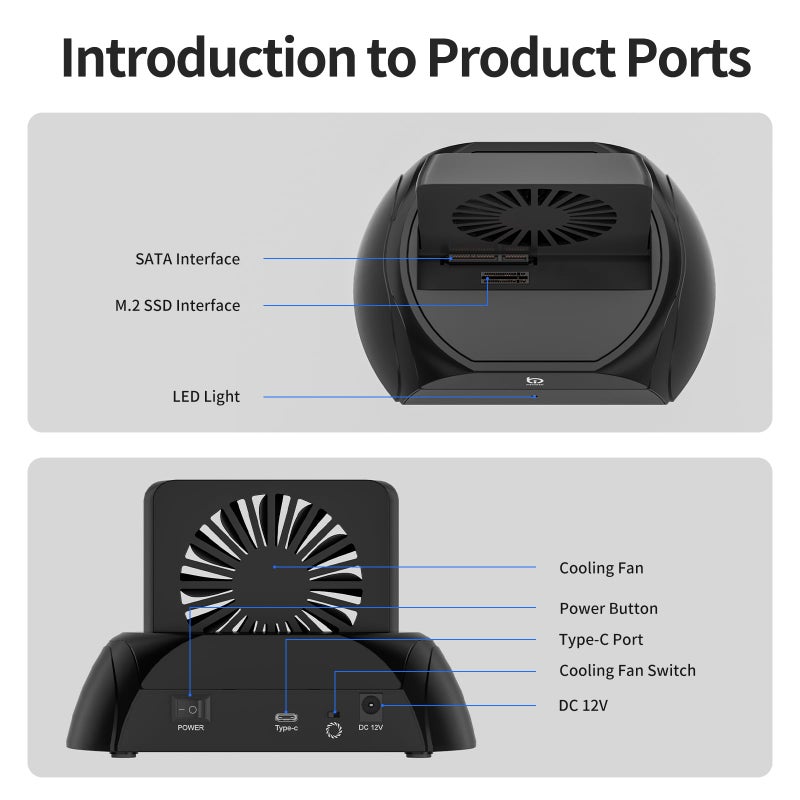 xiaobi Hard Drive Docking Station, Pcie NVMe Adapter with Cooling Fan Superior Cooling Efficiency, External Hard Drive Reader Compatible with M.2 NVMe/SATA SSD & 2.5" and 3.5" SATA HDD SSD - Image 2