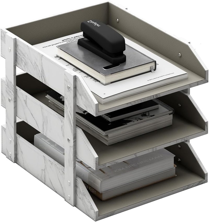 Thipoten Leather Desk Organizer, 3-Tier Stackable Letter Tray Holder for Office Supplies, Paper, File, Magazine, Perfect Office Organization for Desktop (White-3Tiers) - Image 1