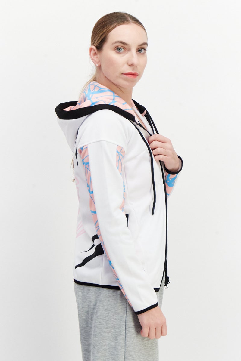 DIFUZED هودي بكم طويل بطبعة شاملة للنساء، أبيض - Image 4