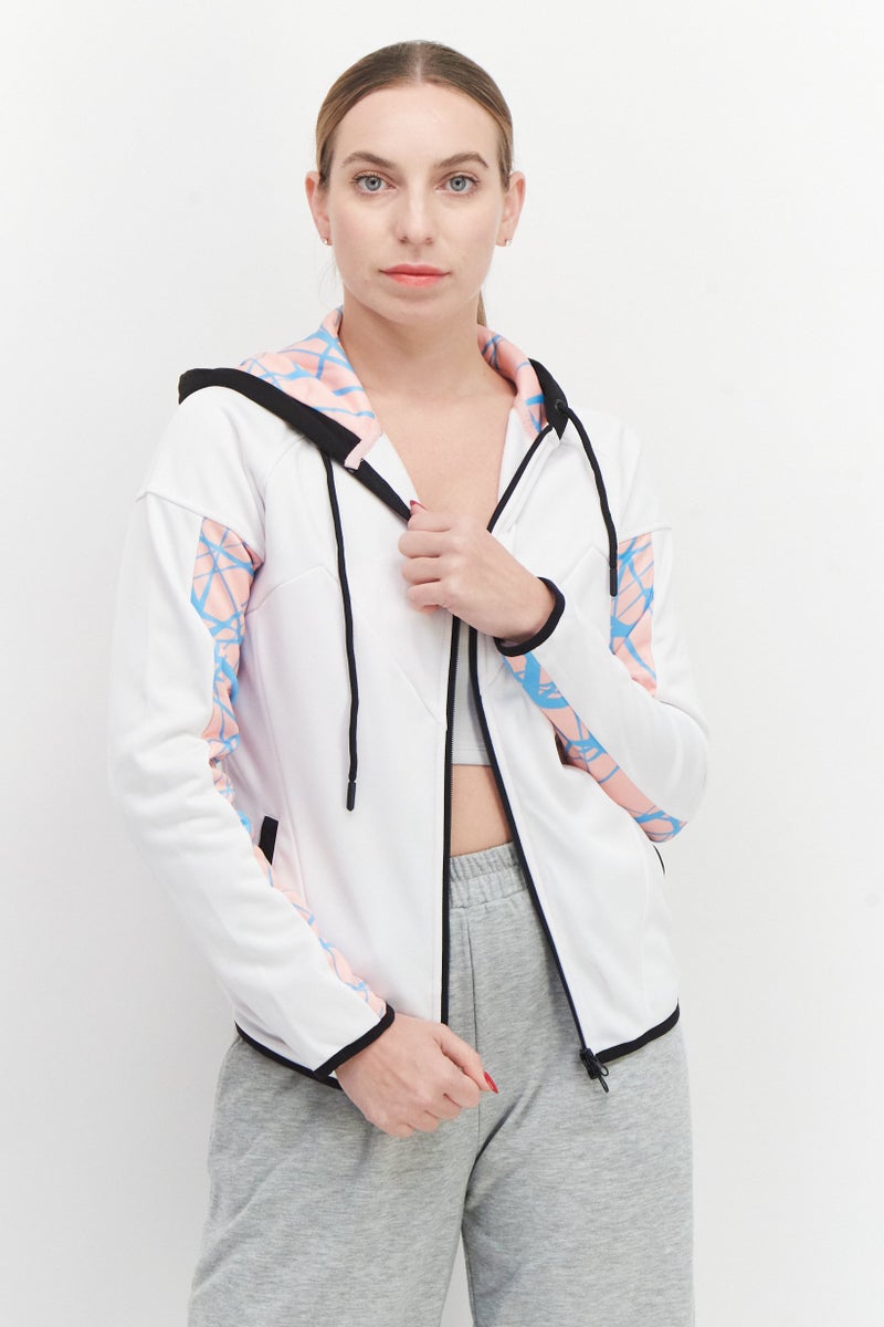 DIFUZED هودي بكم طويل بطبعة شاملة للنساء، أبيض - Image 1