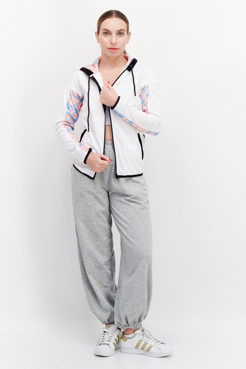 DIFUZED هودي بكم طويل بطبعة شاملة للنساء، أبيض - Image 3