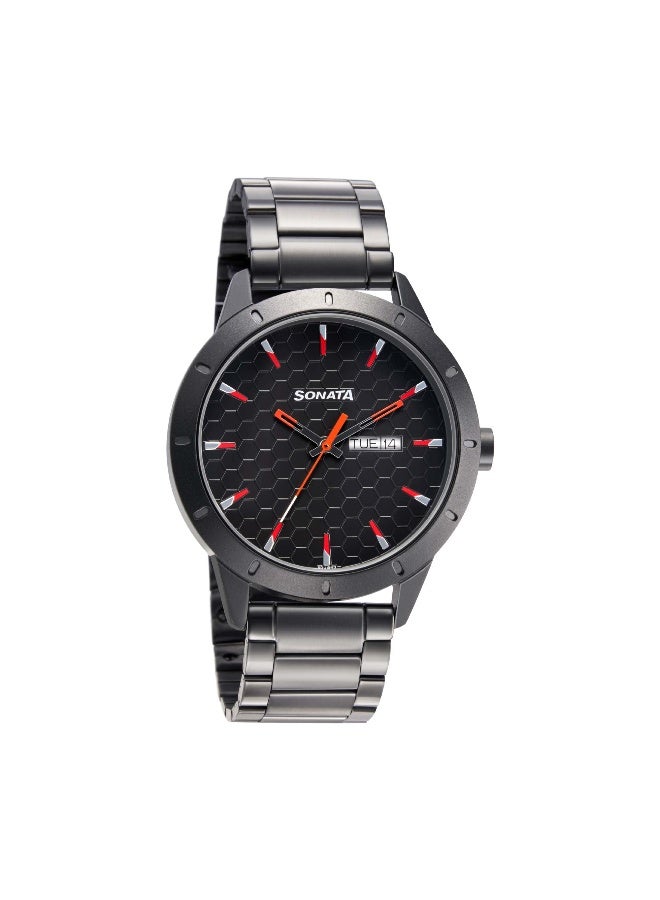 Sonata Quartz Analog with Day and Date Black Dial Metal Strap Watch for Men - Image 1