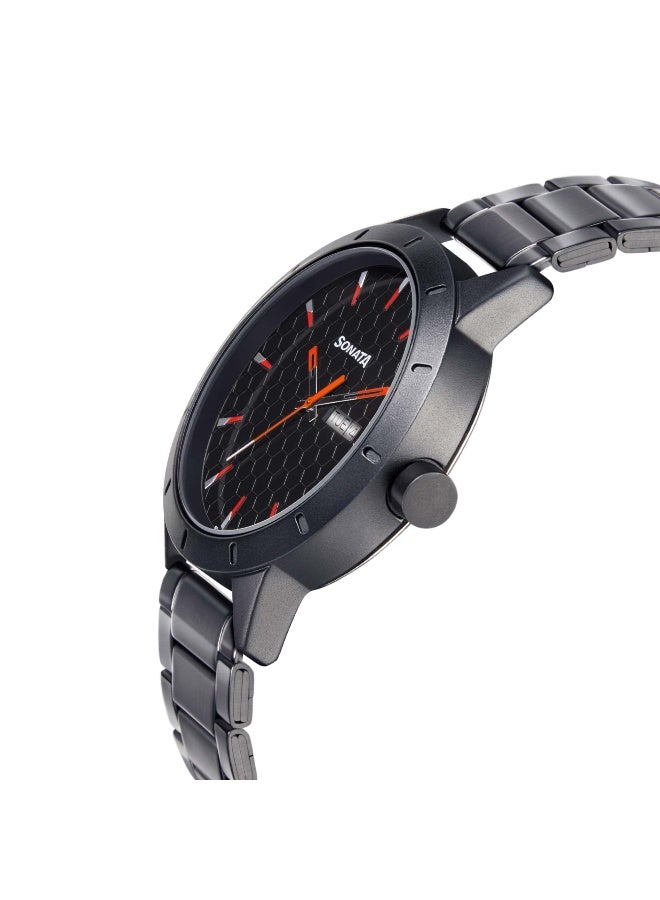 Sonata Quartz Analog with Day and Date Black Dial Metal Strap Watch for Men - Image 3