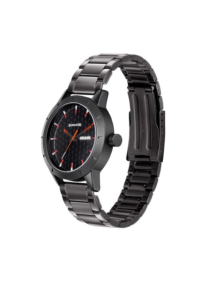 Sonata Quartz Analog with Day and Date Black Dial Metal Strap Watch for Men - Image 2