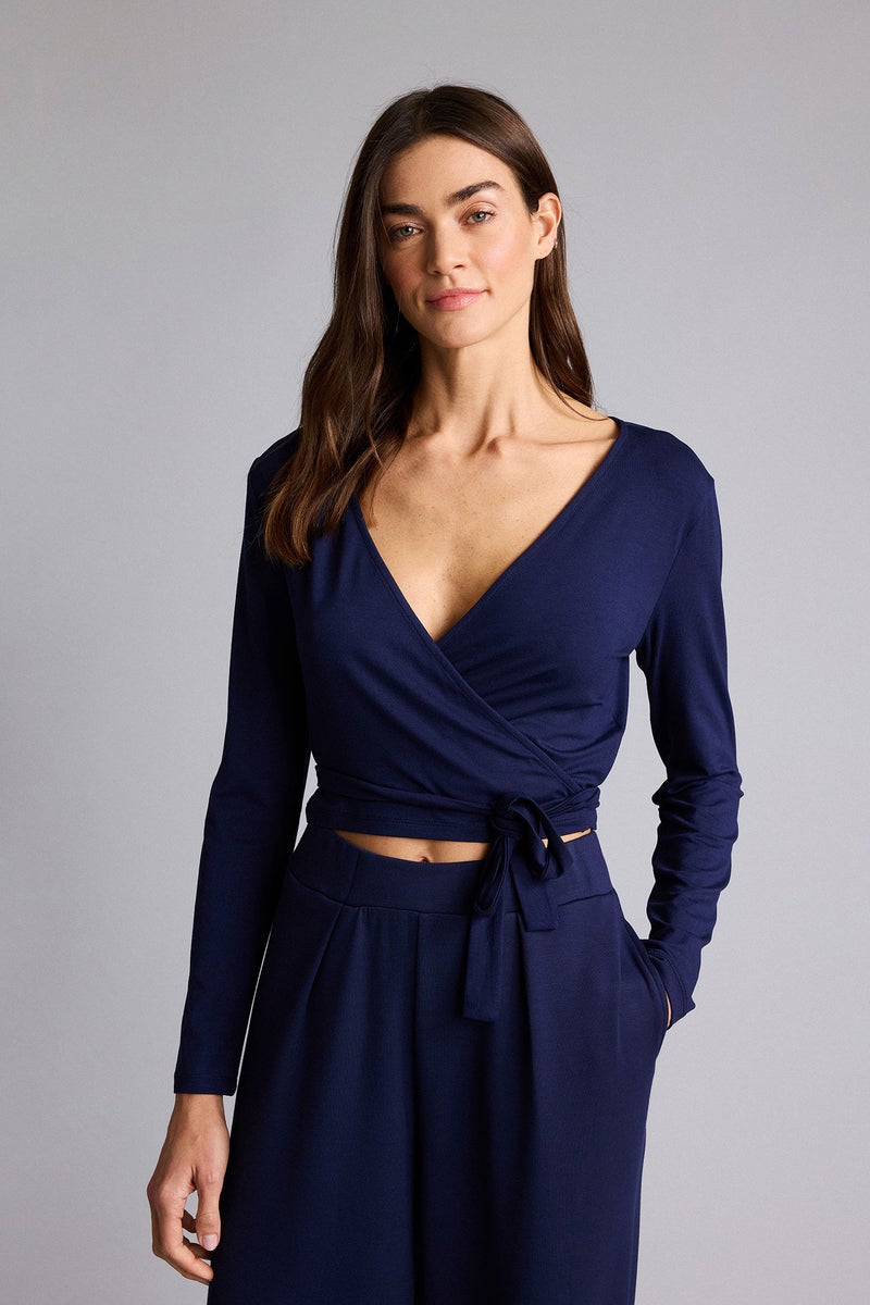 DeFacto Blue Woman Belted Long Sleeve T-Shirt Casual - Image 3