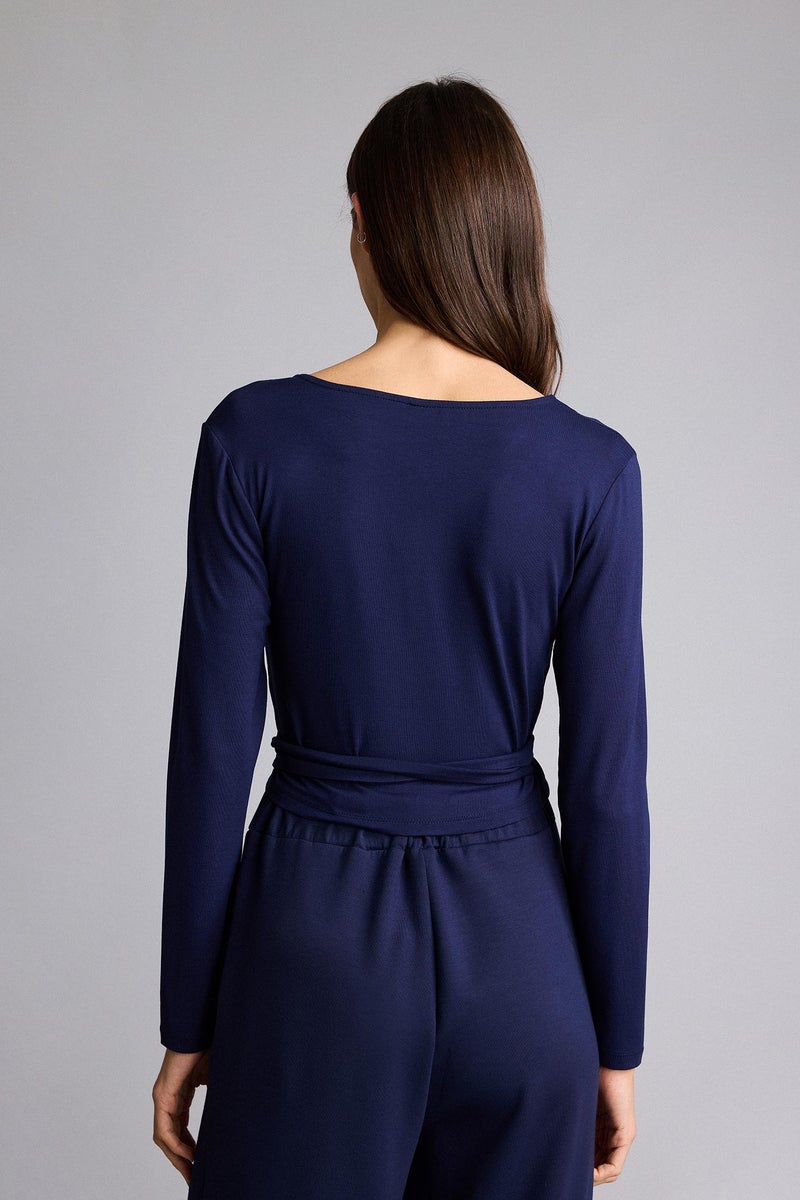 DeFacto Blue Woman Belted Long Sleeve T-Shirt Casual - Image 5