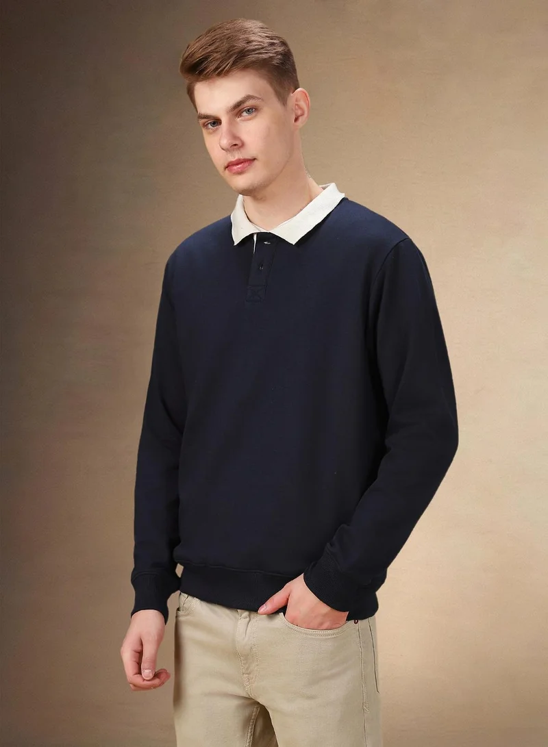 Dennis Lingo Men's Navy Polyester Blend Solid Regular Fit Sweatshirt