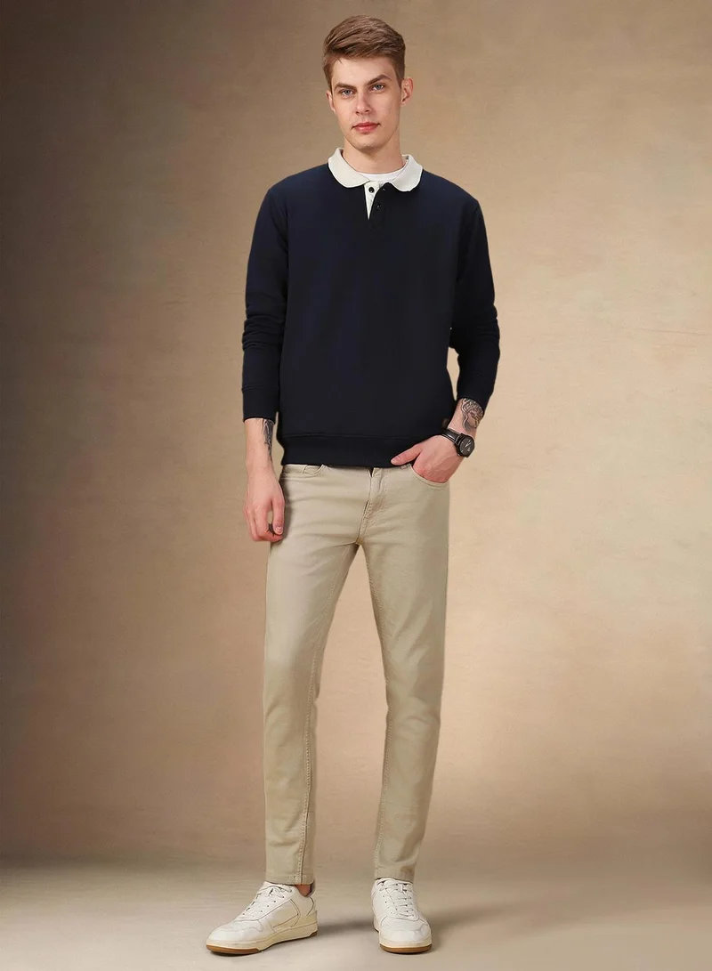 Dennis Lingo Men's Navy Polyester Blend Solid Regular Fit Sweatshirt