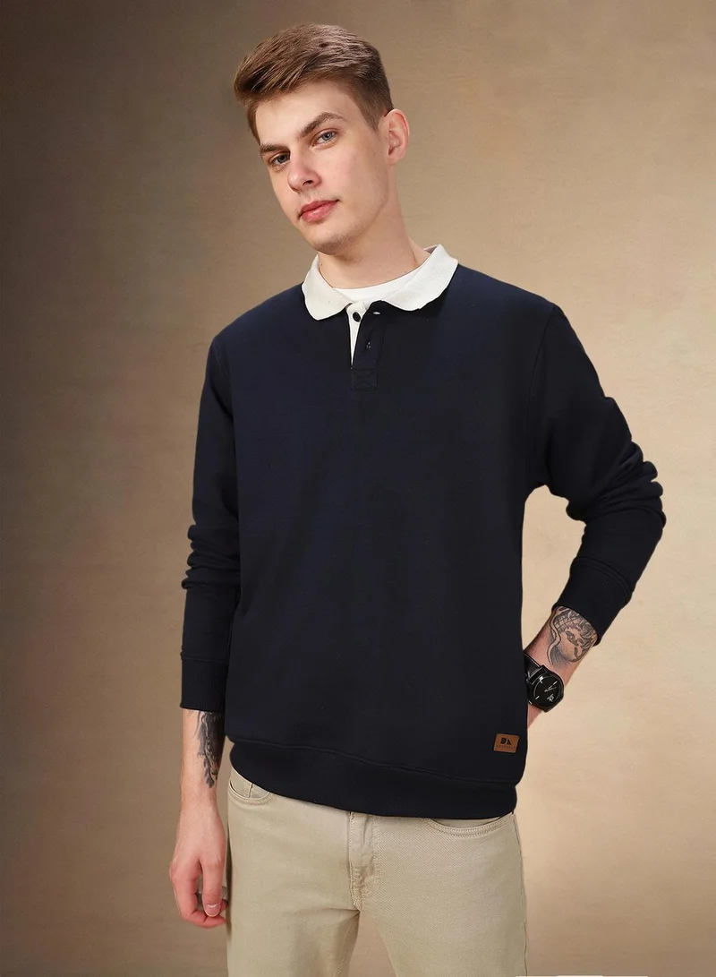 Dennis Lingo Men's Navy Polyester Blend Solid Regular Fit Sweatshirt