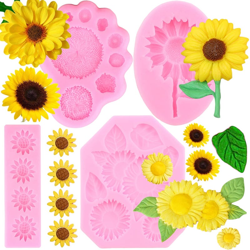 ZiXiang Sunflower Fondant Molds Sunflower Stamen Silicone Mold For Cake Decorating Cupcake Topper Chocolate Candy Polymer Clay Gum Paste Set of 4