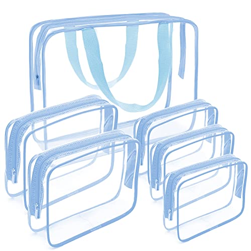 APREUTY Clear Makeup Bags, TSA Approved 6 Pcs Cosmetic Makeup Bags Set Clear PVC with Zipper Handle Portable Travel Luggage Pouch Airport Airline Vacation Organization (Haze Blue) - Image 1