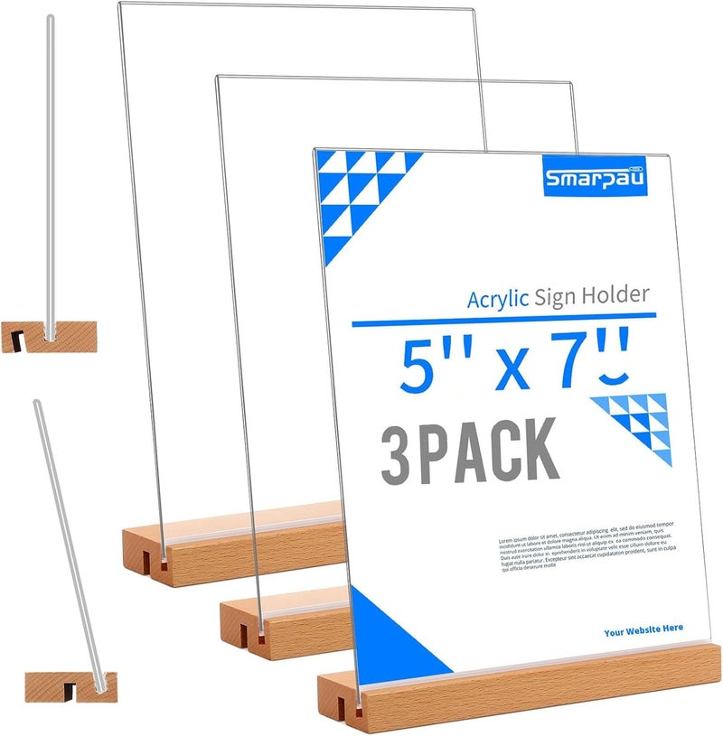 Smarpau حامل لافتات أكريليك من مقاس 5 × 7، مجموعة من 3 قطع، حامل لافتات بلاستيكي شفاف على شكل L/T 2 في 1 مع قاعدة خشبية، حامل عرض طاولة، متعدد الاستخدامات لحامل اللافتات وحامل الورق وإطار الصور - Image 1