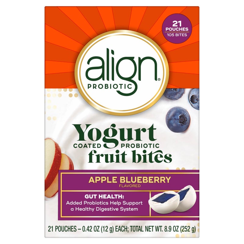 Align Align Probiotic Yogurt Coated Probiotic Fruit Bites Added Probiotic Helps Support Digestive Health From the Maker of the 1 Doctor Recommended Probiotic Brand Apple Blueberry Flavor 21 Pouches 