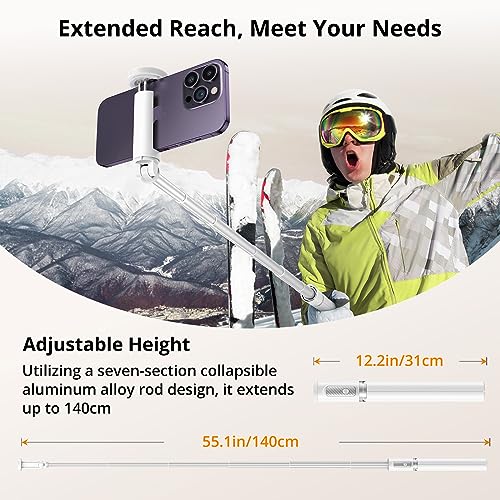 ATUMTEK 55" Selfie Stick Tripod, All-in-one Extendable Aluminum Travel Tripod with Rechargeable Bluetooth Remote, Phone Selfie Stick 360° Rotatable for iPhone 17 Pro Max 16/15/14/13 Smartphones, White - Image 3